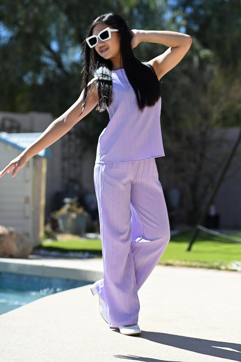 image:imageArshiner Girls Clothing Set Casual Clothes Sleeveless Back Tank Crop Top and WideLeg Pants with Pocket 2 Piece Outfits 513YViolet
