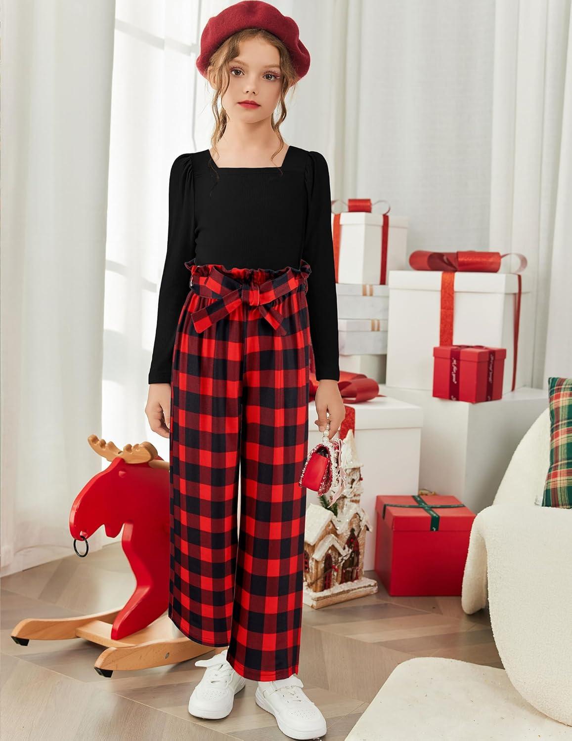 image:imageArshiner Girls Clothing Sets Square Neck Rib Knit Shirts Stylish Wide Leg Pants Headband Cute 3pcs Fall Clothes OutfitsBlack Red Checkboard