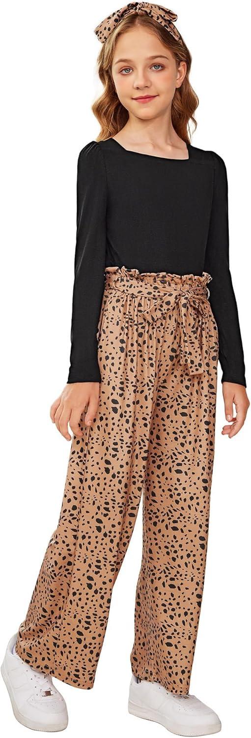 image:imageArshiner Girls Clothing Sets Square Neck Rib Knit Shirts Stylish Wide Leg Pants Headband Cute 3pcs Fall Clothes OutfitsBlack Leopard Dot