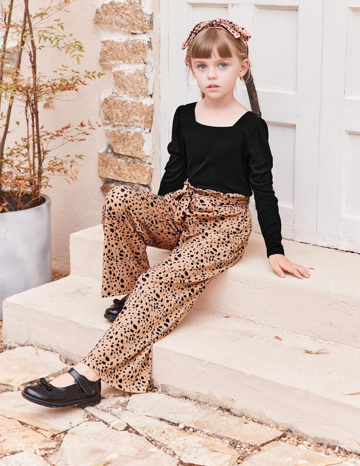 image:imageArshiner Girls Clothing Sets Square Neck Rib Knit Shirts Stylish Wide Leg Pants Headband Cute 3pcs Fall Clothes OutfitsBlack Leopard Dot