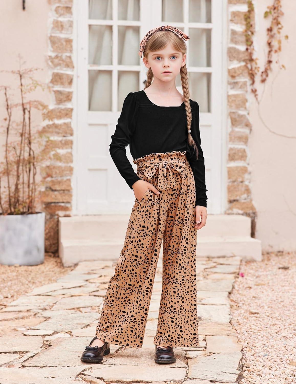 image:imageArshiner Girls Clothing Sets Square Neck Rib Knit Shirts Stylish Wide Leg Pants Headband Cute 3pcs Fall Clothes OutfitsBlack Leopard Dot