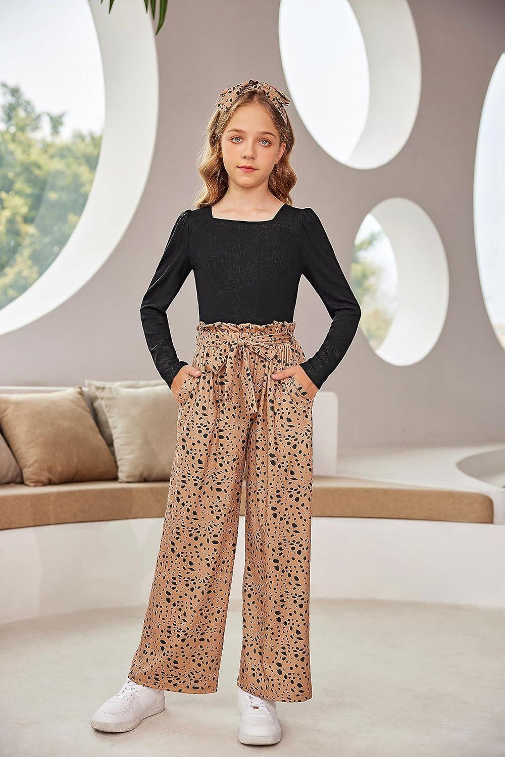 image:imageArshiner Girls Clothing Sets Square Neck Rib Knit Shirts Stylish Wide Leg Pants Headband Cute 3pcs Fall Clothes OutfitsBlack Leopard Dot