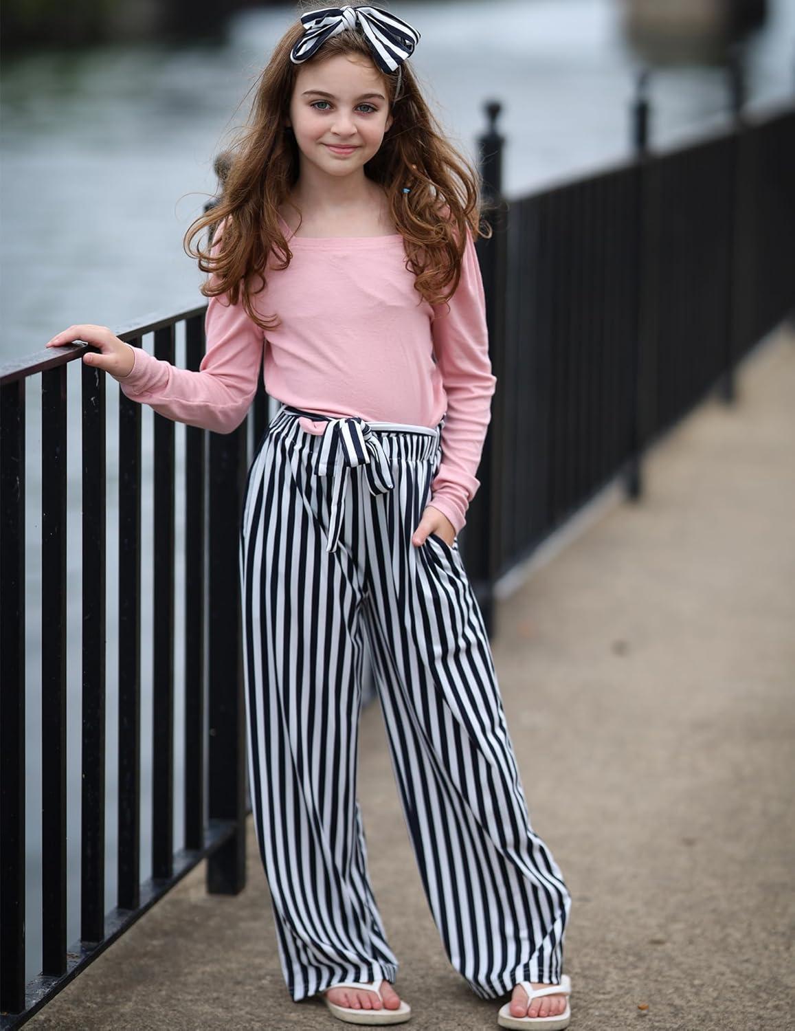 image:imageArshiner Girls Clothing Sets Square Neck Rib Knit Shirts Stylish Wide Leg Pants Headband Cute 3pcs Fall Clothes OutfitsPink Striped