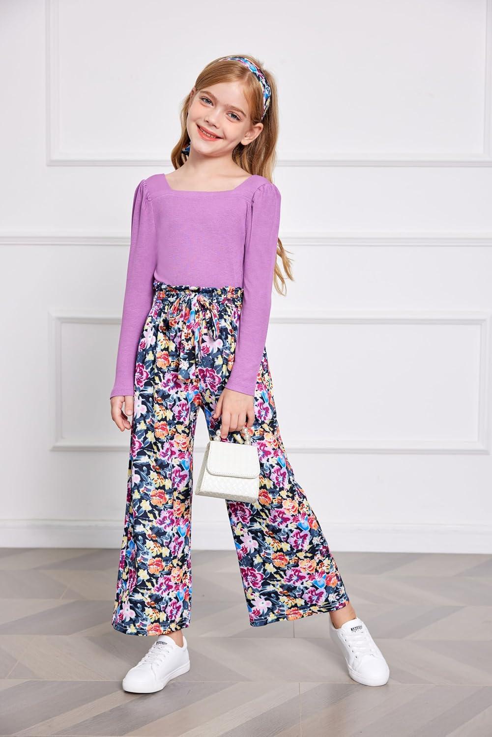 image:imageArshiner Girls Clothing Sets Square Neck Rib Knit Shirts Stylish Wide Leg Pants Headband Cute 3pcs Fall Clothes OutfitsPurple Floral