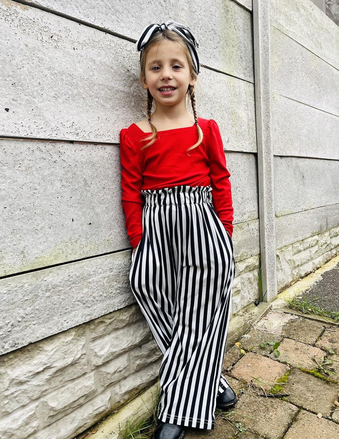 image:imageArshiner Girls Clothing Sets Square Neck Rib Knit Shirts Stylish Wide Leg Pants Headband Cute 3pcs Fall Clothes OutfitsRed Striped