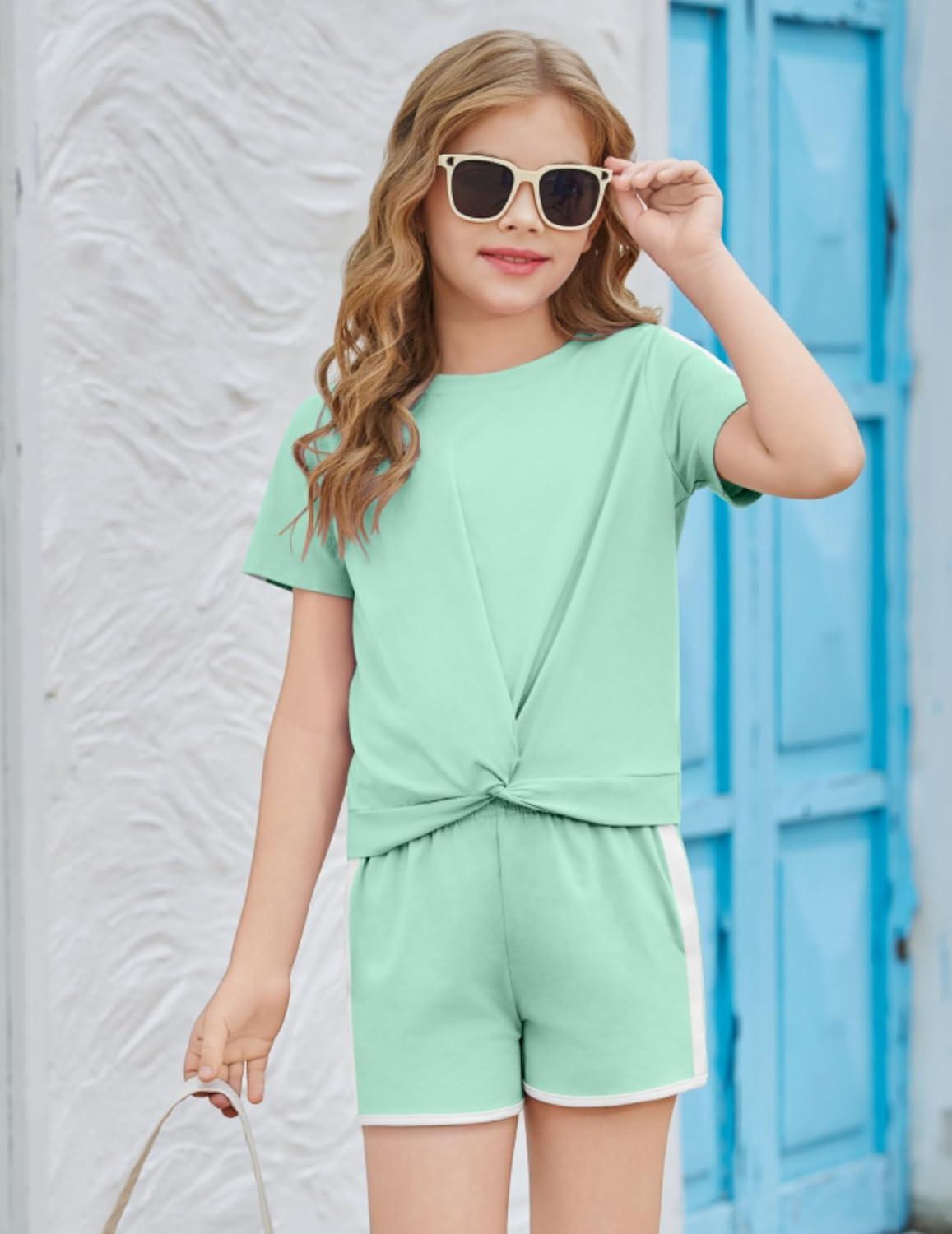 image:imageArshiner Girls Clothing Sets Twist Front Top and Shorts 2 Piece Outfits Activewear Tracksuit 514 YearGreen