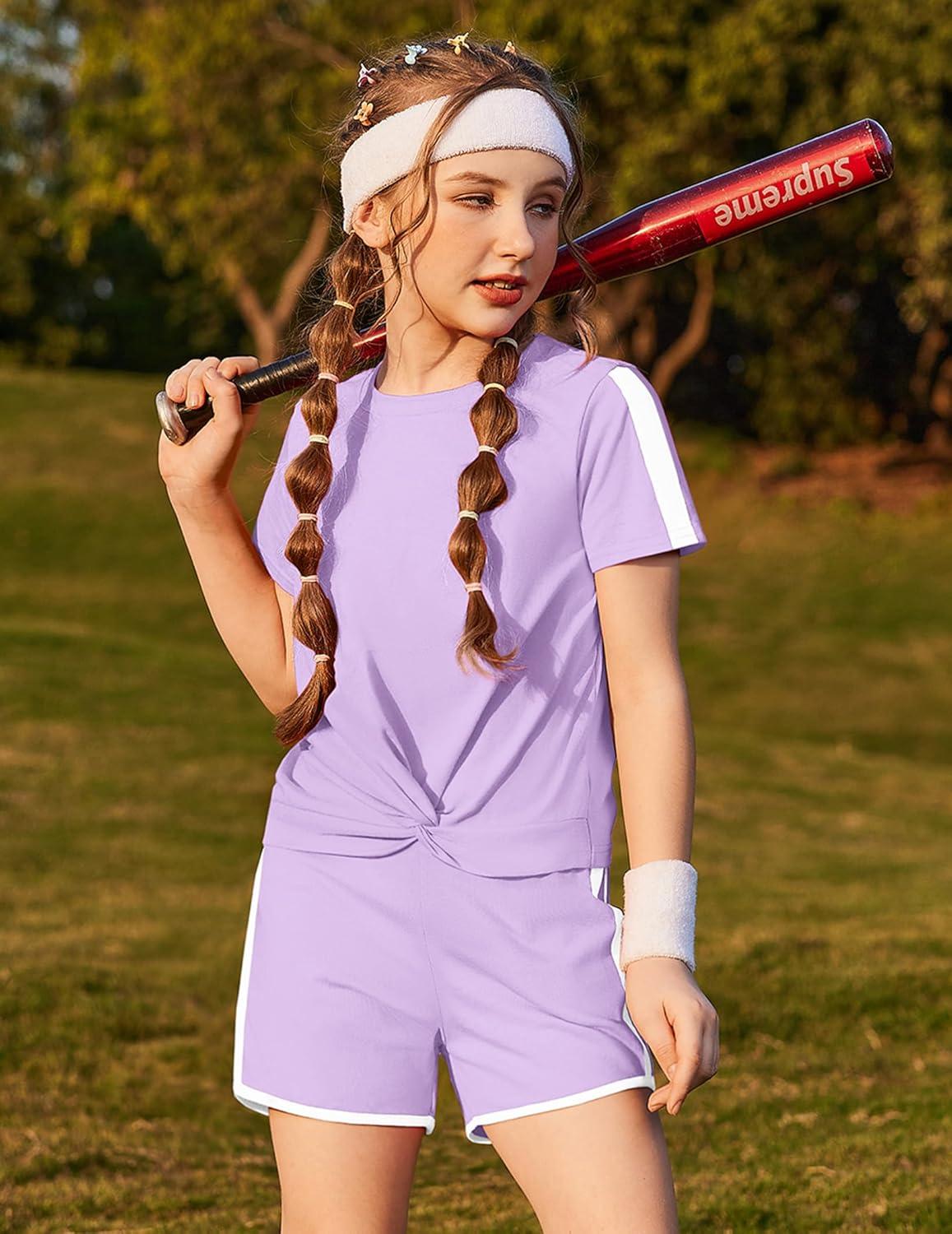 image:imageArshiner Girls Clothing Sets Twist Front Top and Shorts 2 Piece Outfits Activewear Tracksuit 514 YearLight Purple