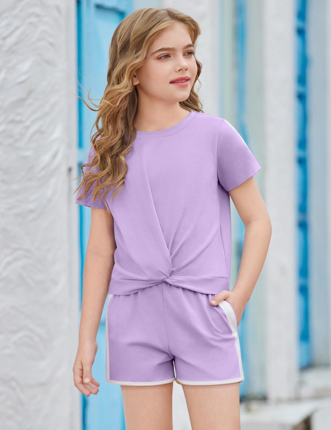 image:imageArshiner Girls Clothing Sets Twist Front Top and Shorts 2 Piece Outfits Activewear Tracksuit 514 YearLight Purple