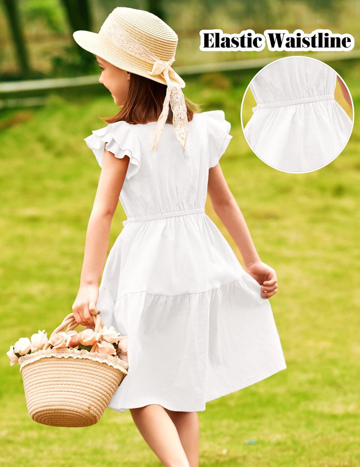 image:imageArshiner Girls Cotton Linen Dress Flutter Sleeve Summer Casual Dresses Tiered ALine Sundress for 413 Years Kids0white