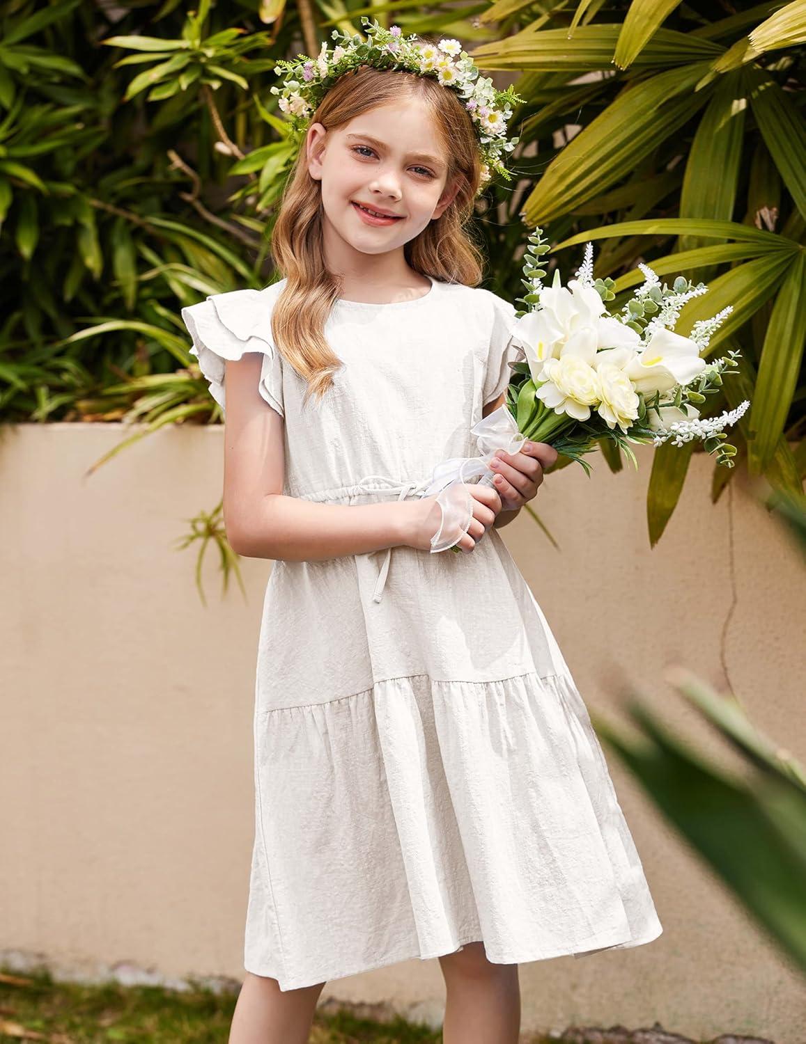 image:imageArshiner Girls Cotton Linen Dress Flutter Sleeve Summer Casual Dresses Tiered ALine Sundress for 413 Years Kids0white