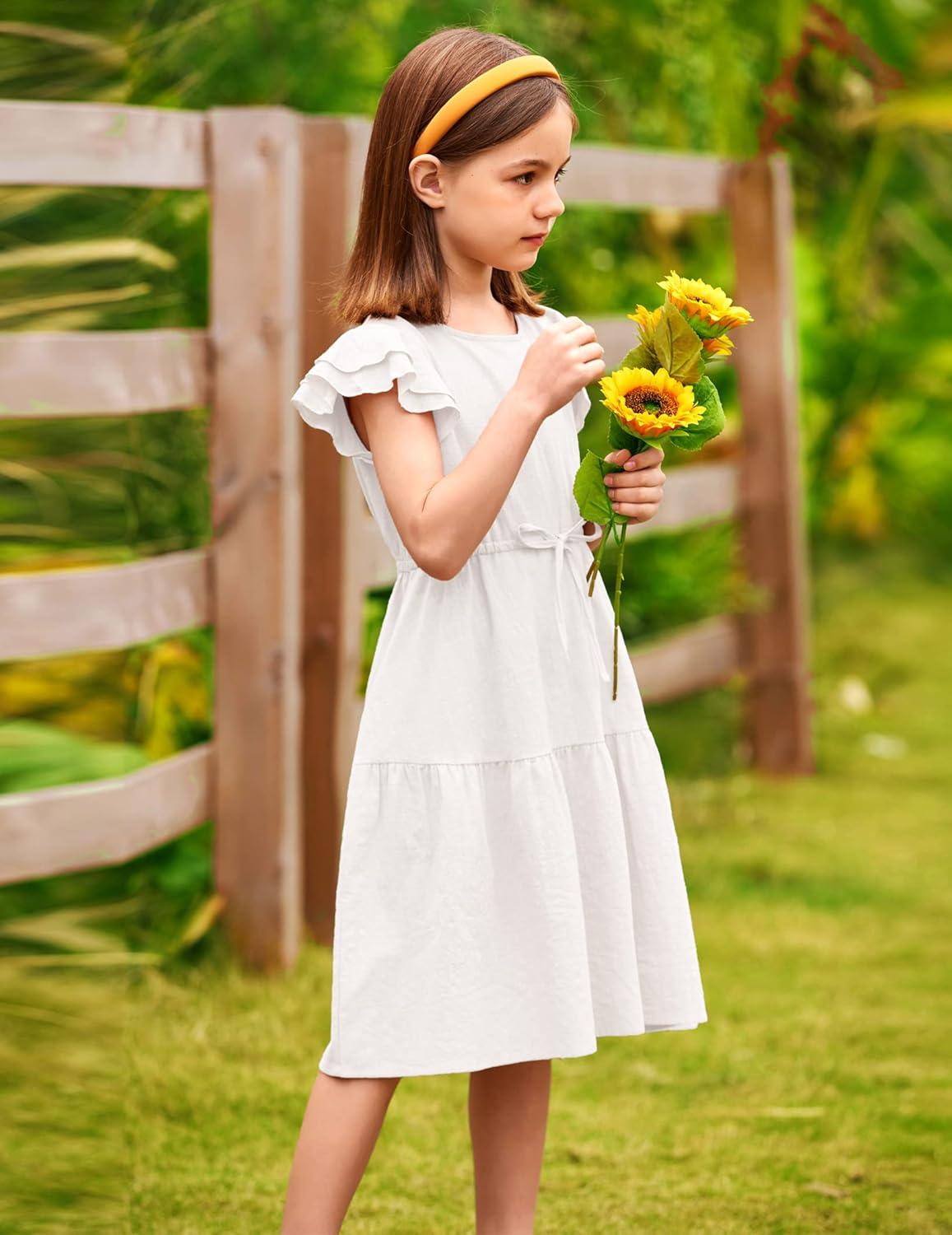 image:imageArshiner Girls Cotton Linen Dress Flutter Sleeve Summer Casual Dresses Tiered ALine Sundress for 413 Years Kids0white
