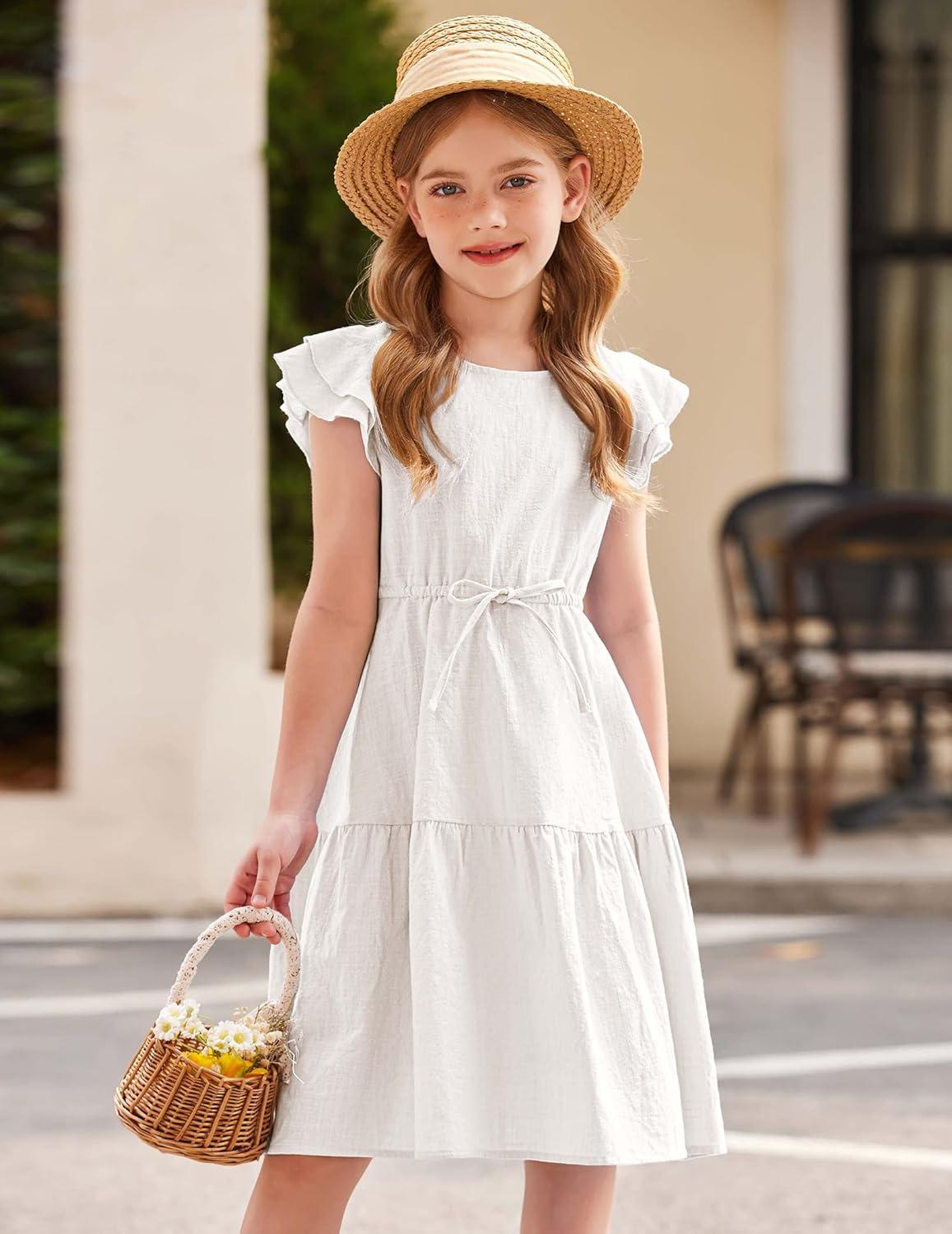 image:imageArshiner Girls Cotton Linen Dress Flutter Sleeve Summer Casual Dresses Tiered ALine Sundress for 413 Years Kids0white