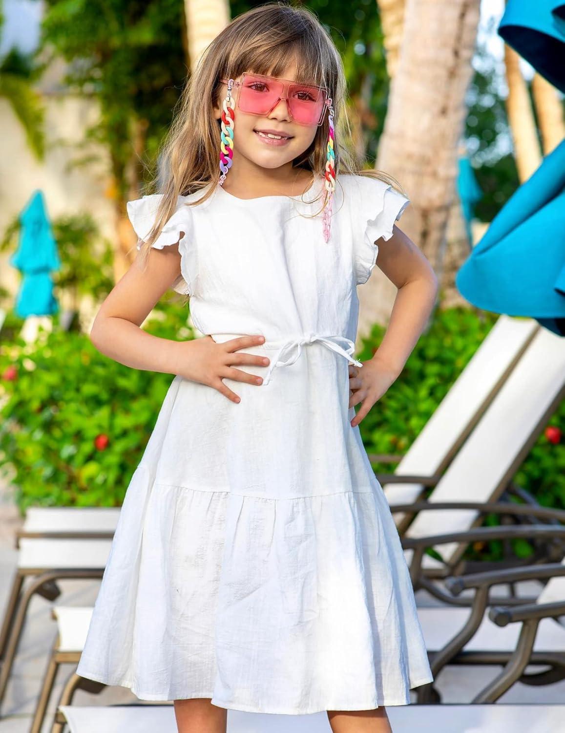 image:imageArshiner Girls Cotton Linen Dress Flutter Sleeve Summer Casual Dresses Tiered ALine Sundress for 413 Years Kids0white