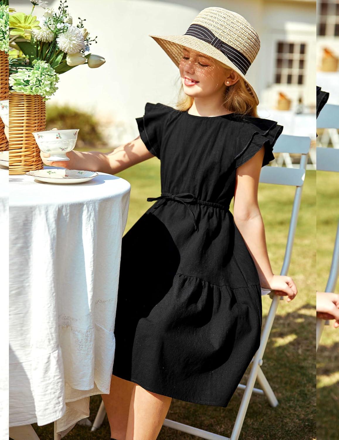 image:imageArshiner Girls Cotton Linen Dress Flutter Sleeve Summer Casual Dresses Tiered ALine Sundress for 413 Years KidsBlack