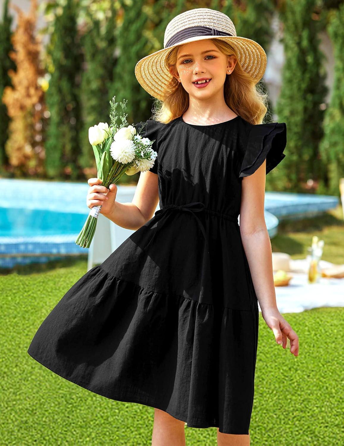 image:imageArshiner Girls Cotton Linen Dress Flutter Sleeve Summer Casual Dresses Tiered ALine Sundress for 413 Years KidsBlack