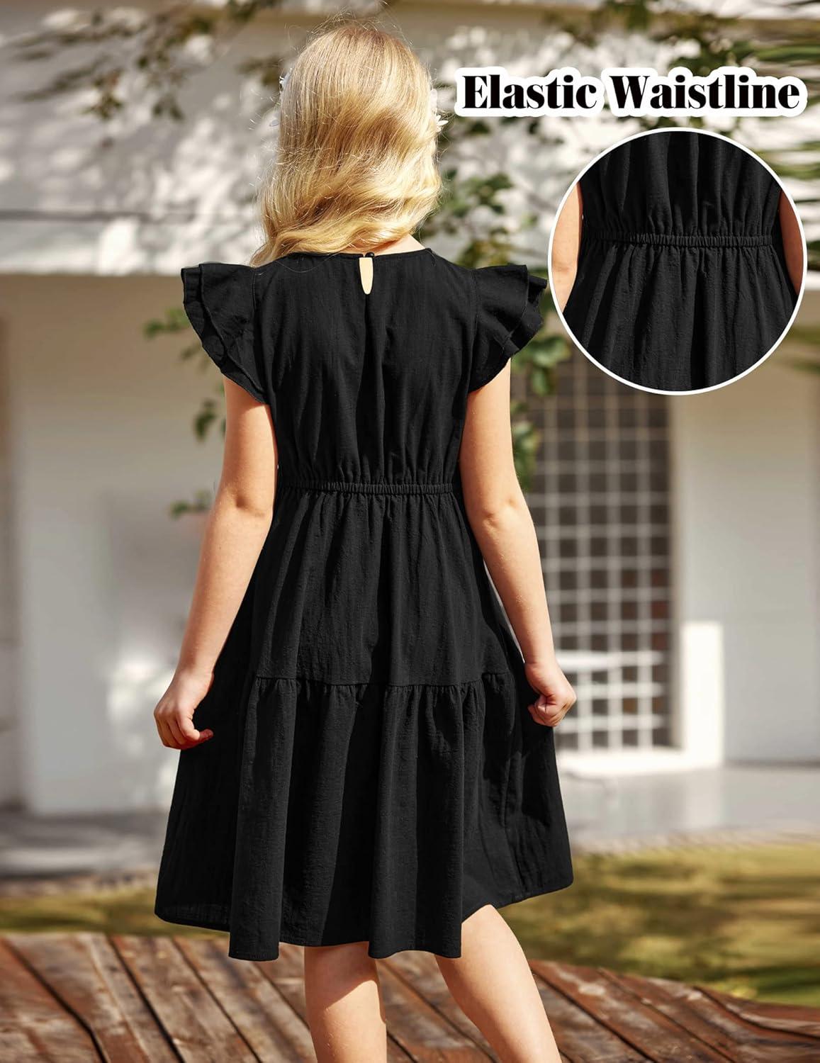 image:imageArshiner Girls Cotton Linen Dress Flutter Sleeve Summer Casual Dresses Tiered ALine Sundress for 413 Years KidsBlack