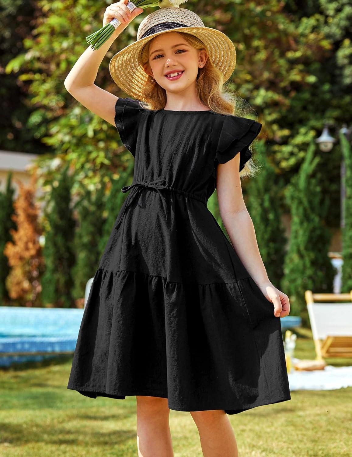 image:imageArshiner Girls Cotton Linen Dress Flutter Sleeve Summer Casual Dresses Tiered ALine Sundress for 413 Years KidsBlack
