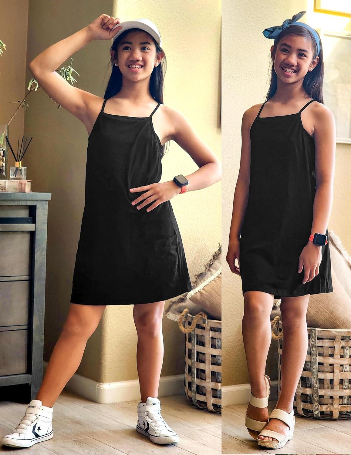 image:imageArshiner Girls Dress with Shorts Casual Summer Spaghetti Straps One Piece Romper Dresses with Pockets for Kid 515 YBlack