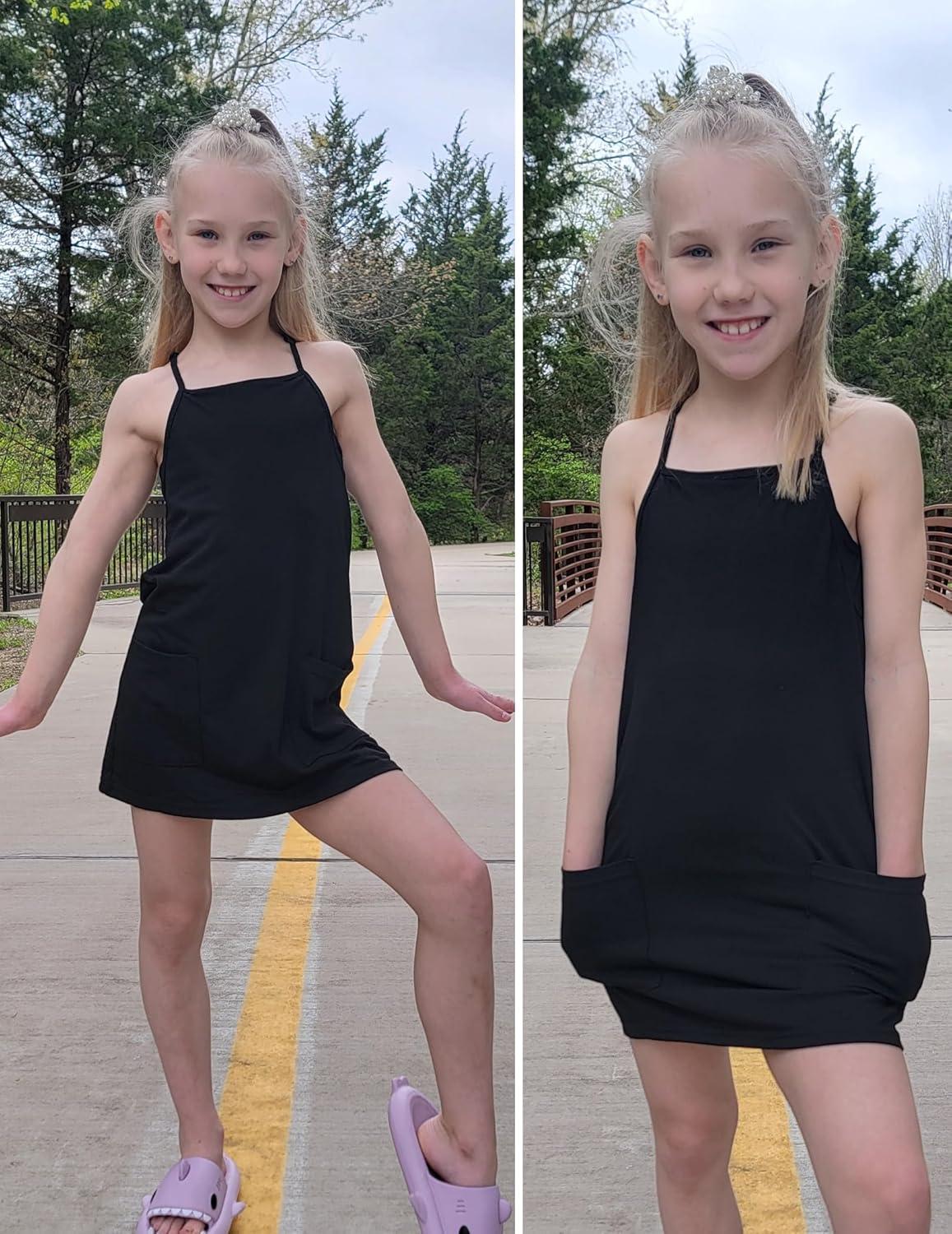 image:imageArshiner Girls Dress with Shorts Casual Summer Spaghetti Straps One Piece Romper Dresses with Pockets for Kid 515 YBlack