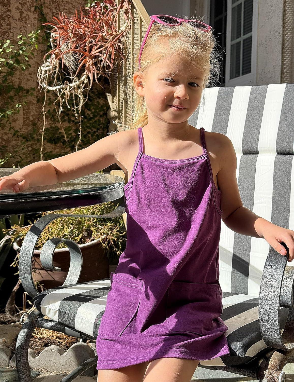 image:imageArshiner Girls Dress with Shorts Casual Summer Spaghetti Straps One Piece Romper Dresses with Pockets for Kid 515 YFuchsia