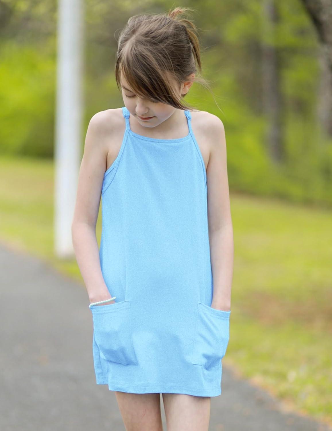 image:imageArshiner Girls Dress with Shorts Casual Summer Spaghetti Straps One Piece Romper Dresses with Pockets for Kid 515 YLight Blue