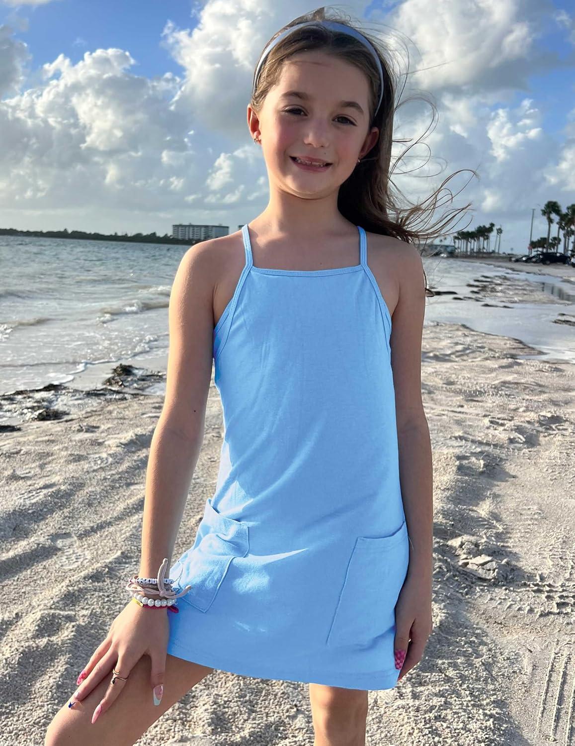 image:imageArshiner Girls Dress with Shorts Casual Summer Spaghetti Straps One Piece Romper Dresses with Pockets for Kid 515 YLight Blue
