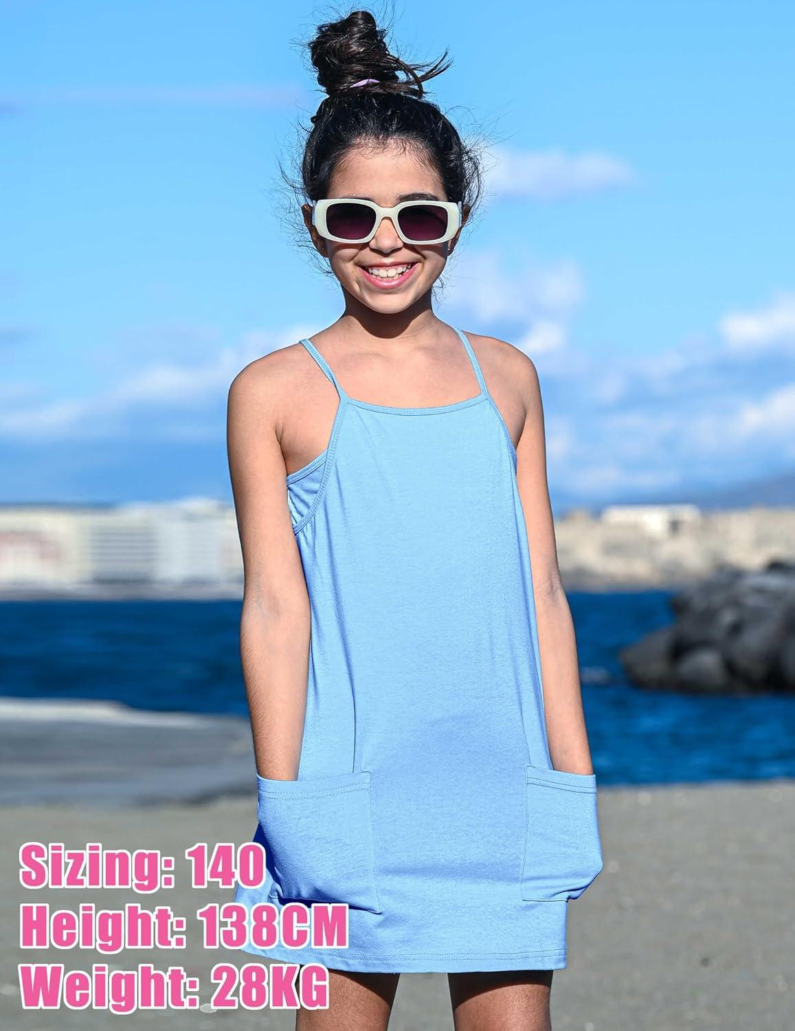 image:imageArshiner Girls Dress with Shorts Casual Summer Spaghetti Straps One Piece Romper Dresses with Pockets for Kid 515 YLight Blue