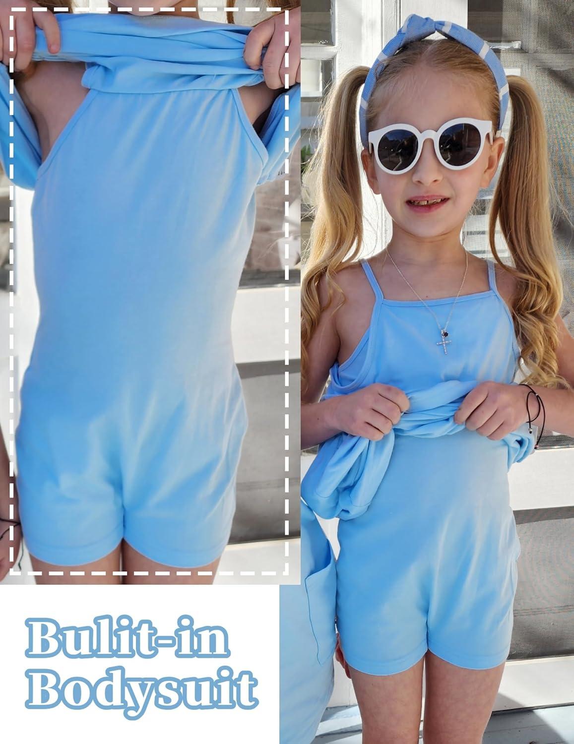 image:imageArshiner Girls Dress with Shorts Casual Summer Spaghetti Straps One Piece Romper Dresses with Pockets for Kid 515 YLight Blue