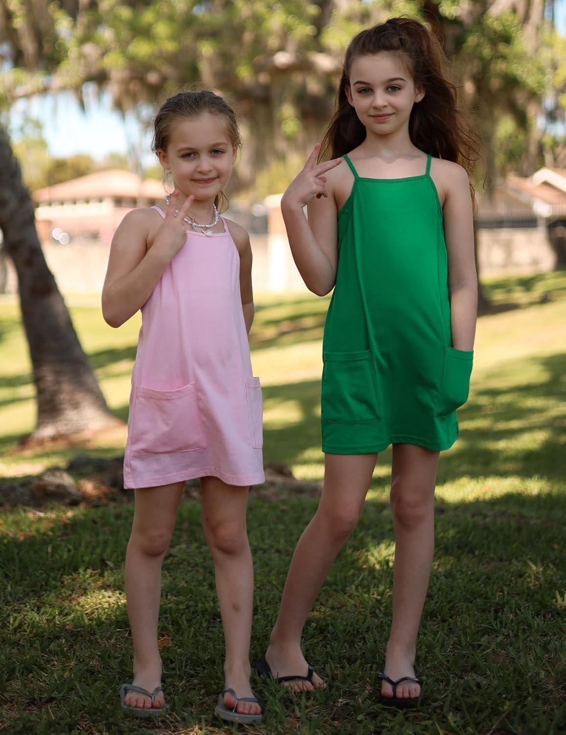 image:imageArshiner Girls Dress with Shorts Casual Summer Spaghetti Straps One Piece Romper Dresses with Pockets for Kid 515 YLight Pink