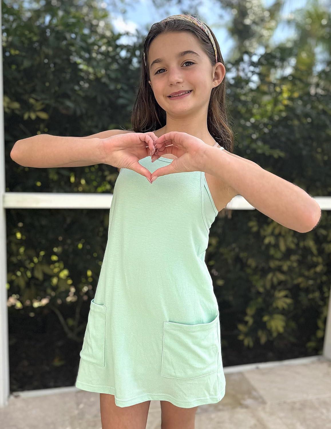 image:imageArshiner Girls Dress with Shorts Casual Summer Spaghetti Straps One Piece Romper Dresses with Pockets for Kid 515 YMint Green