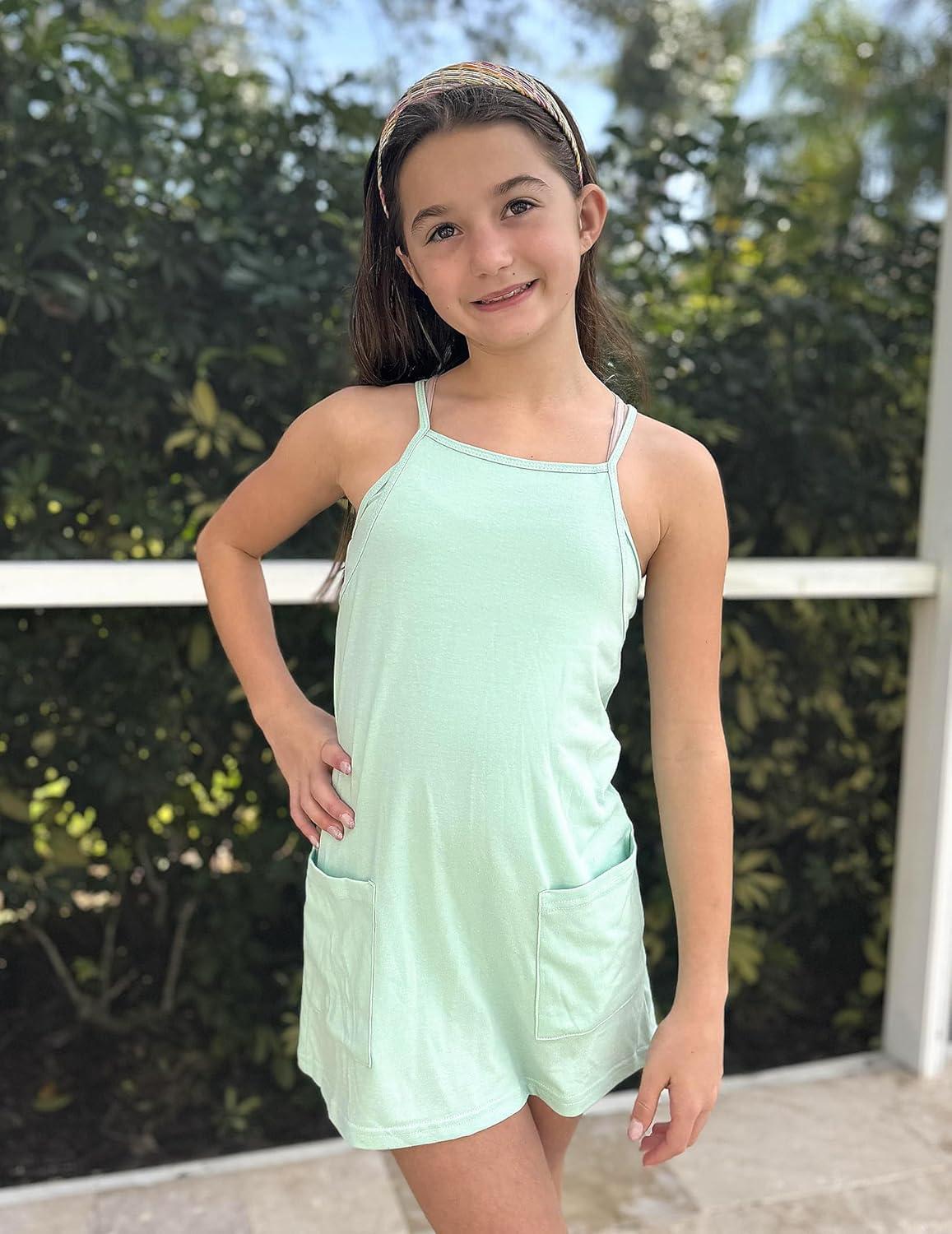 image:imageArshiner Girls Dress with Shorts Casual Summer Spaghetti Straps One Piece Romper Dresses with Pockets for Kid 515 YMint Green