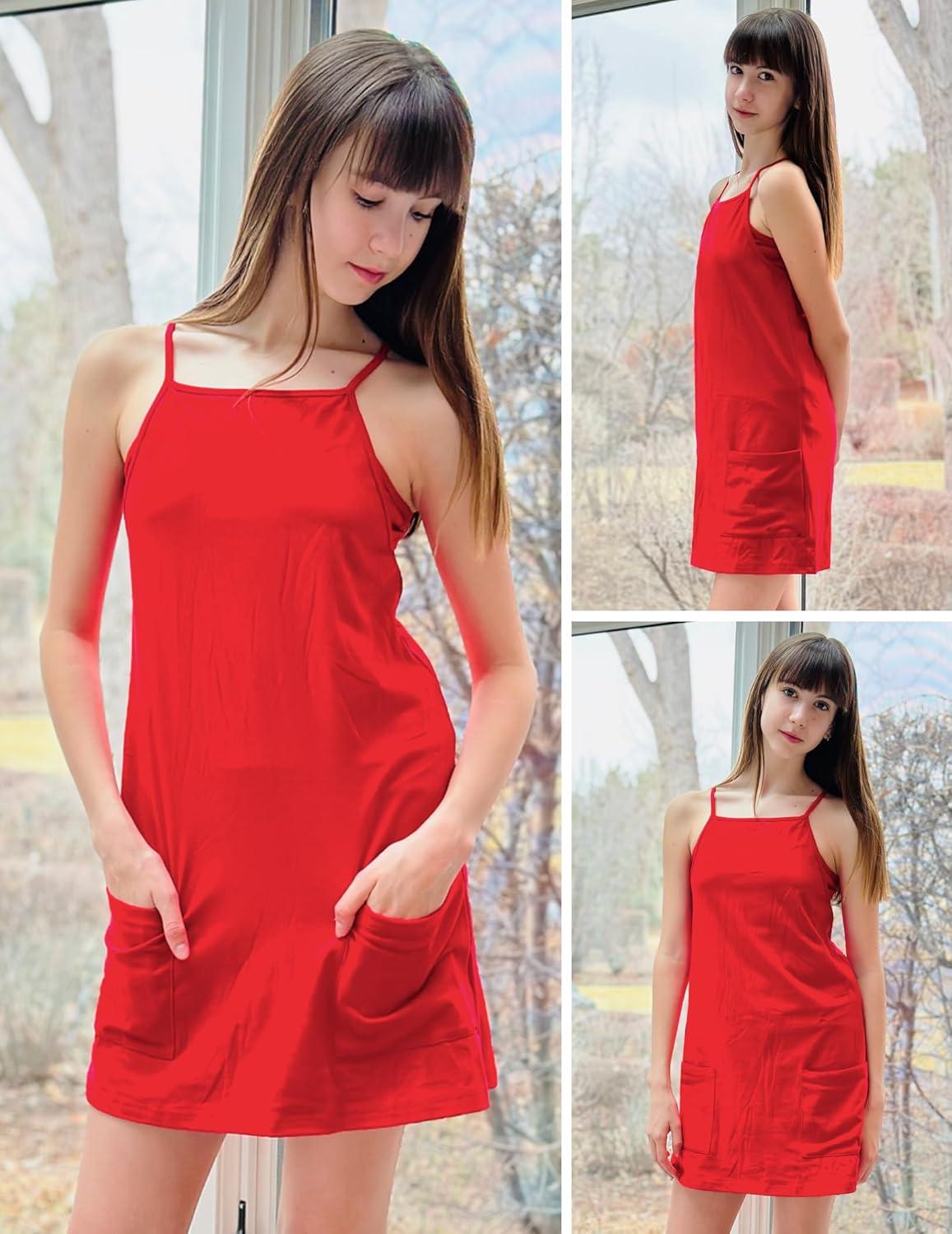 image:imageArshiner Girls Dress with Shorts Casual Summer Spaghetti Straps One Piece Romper Dresses with Pockets for Kid 515 YRed