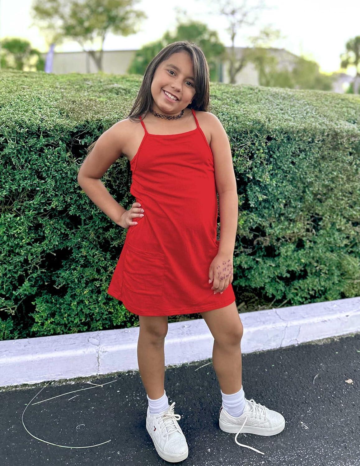 image:imageArshiner Girls Dress with Shorts Casual Summer Spaghetti Straps One Piece Romper Dresses with Pockets for Kid 515 YRed