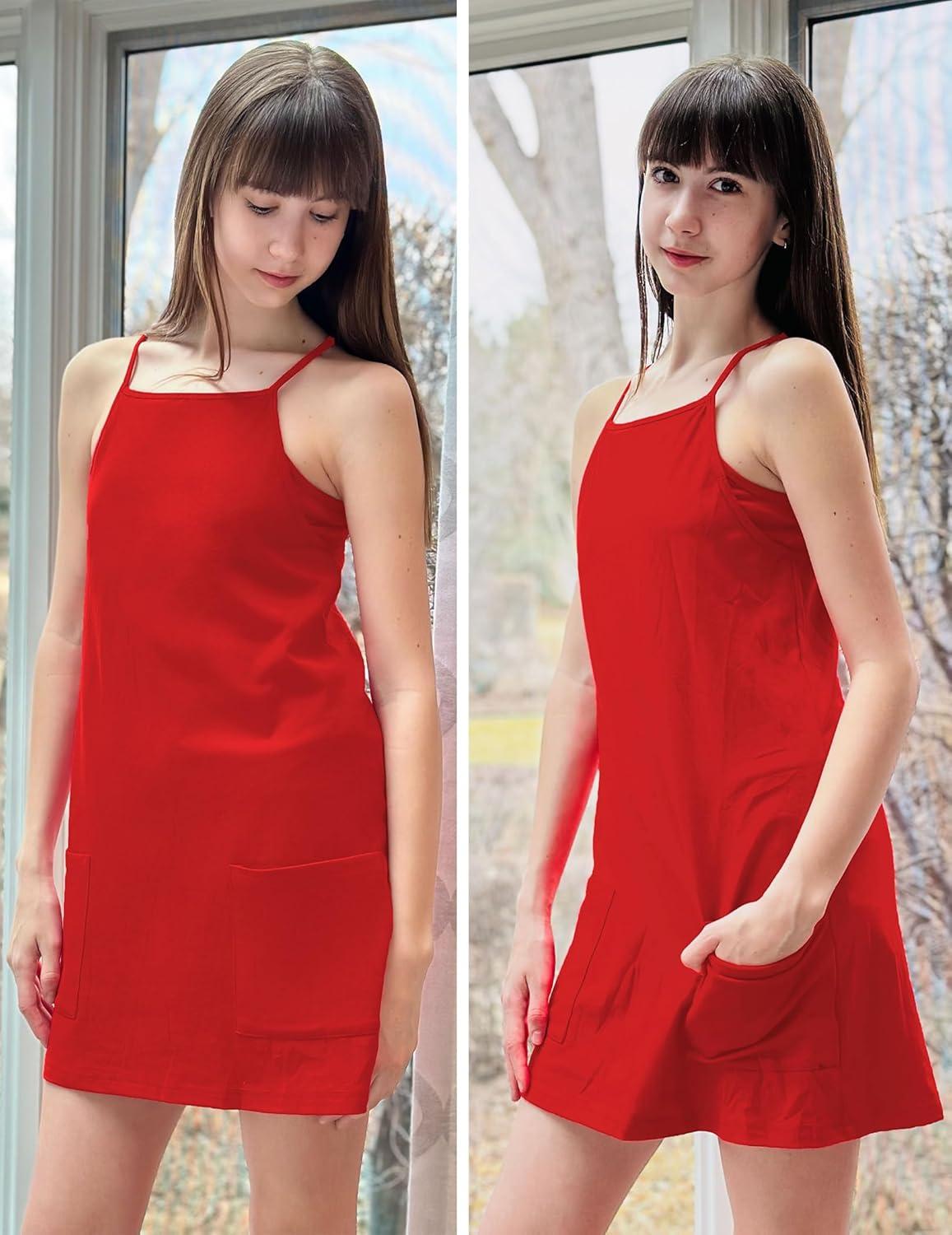 image:imageArshiner Girls Dress with Shorts Casual Summer Spaghetti Straps One Piece Romper Dresses with Pockets for Kid 515 YRed