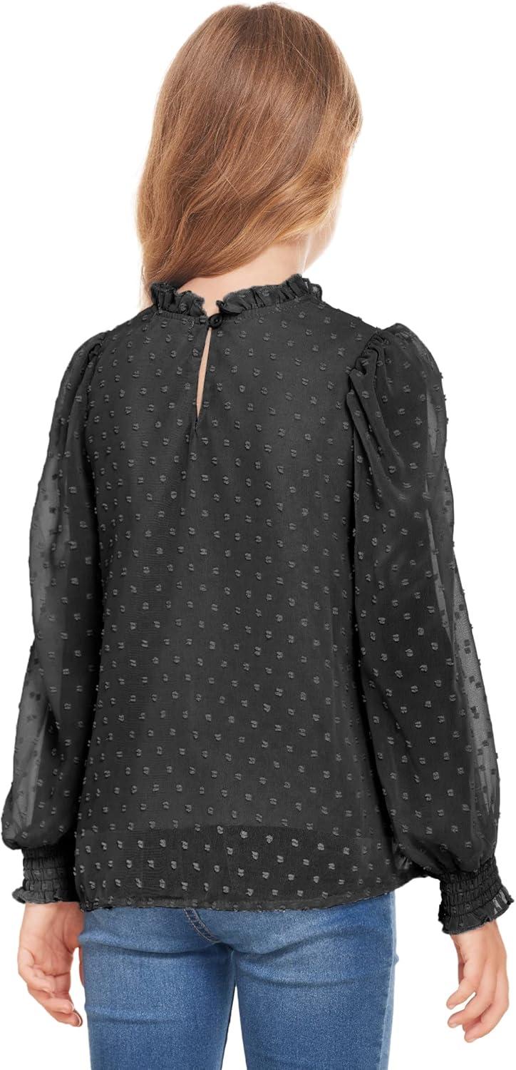 image:imageArshiner Girls Long Sleeve Shirts Chiffon Blouses Swiss Dot Frill Neck Casual Loose Cute Top TeeBlack