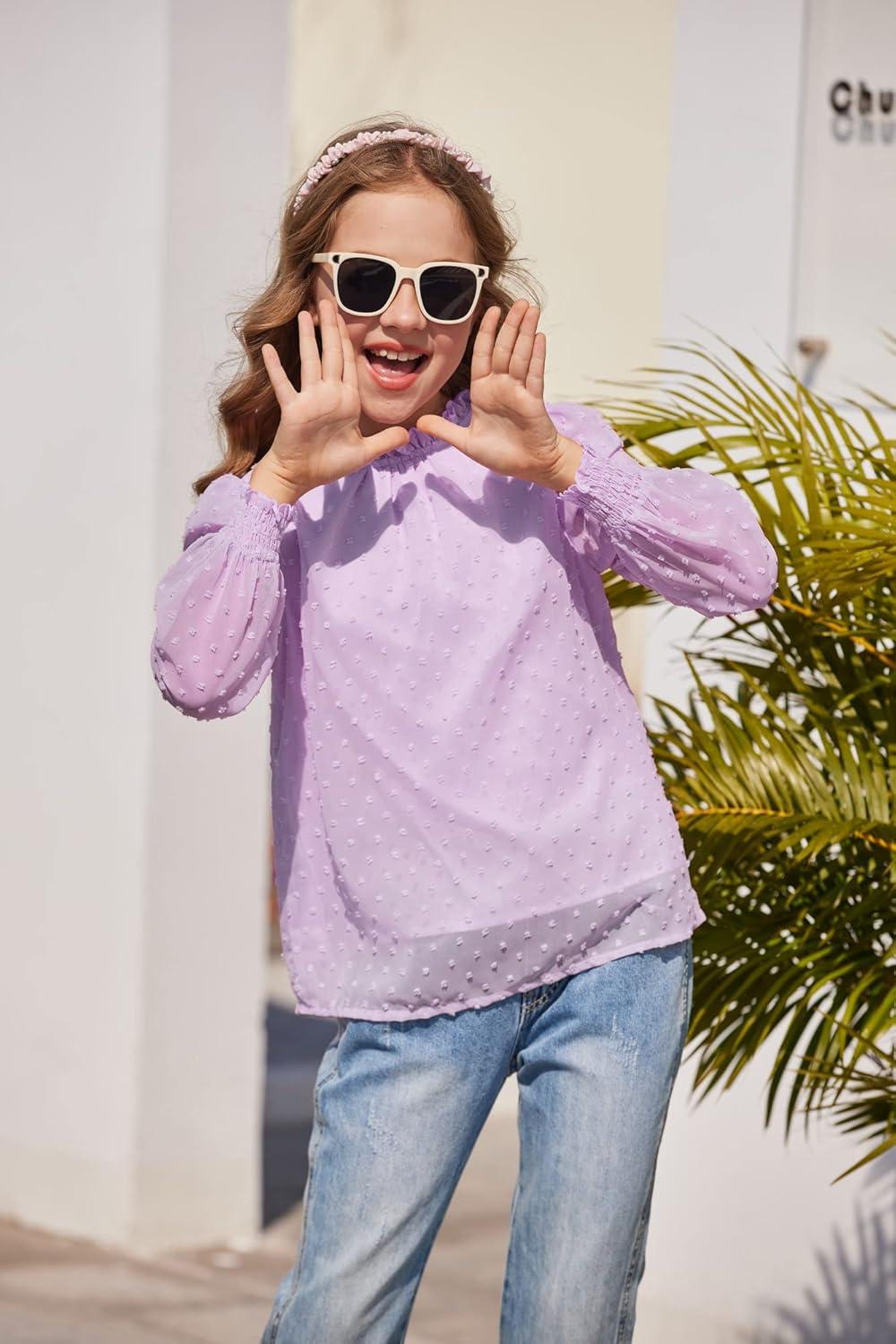 image:imageArshiner Girls Long Sleeve Shirts Chiffon Blouses Swiss Dot Frill Neck Casual Loose Cute Top TeePurple