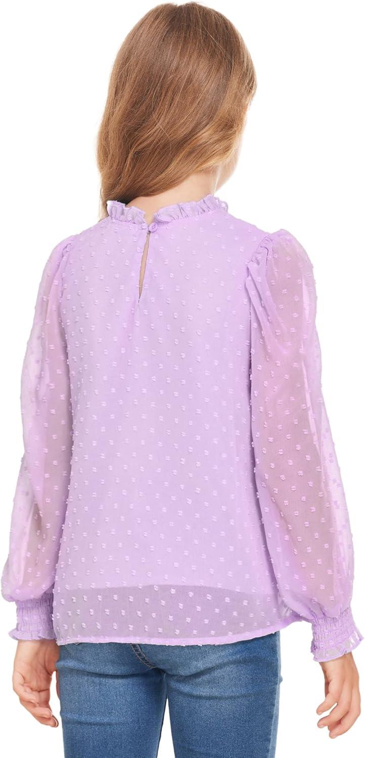 image:imageArshiner Girls Long Sleeve Shirts Chiffon Blouses Swiss Dot Frill Neck Casual Loose Cute Top TeePurple