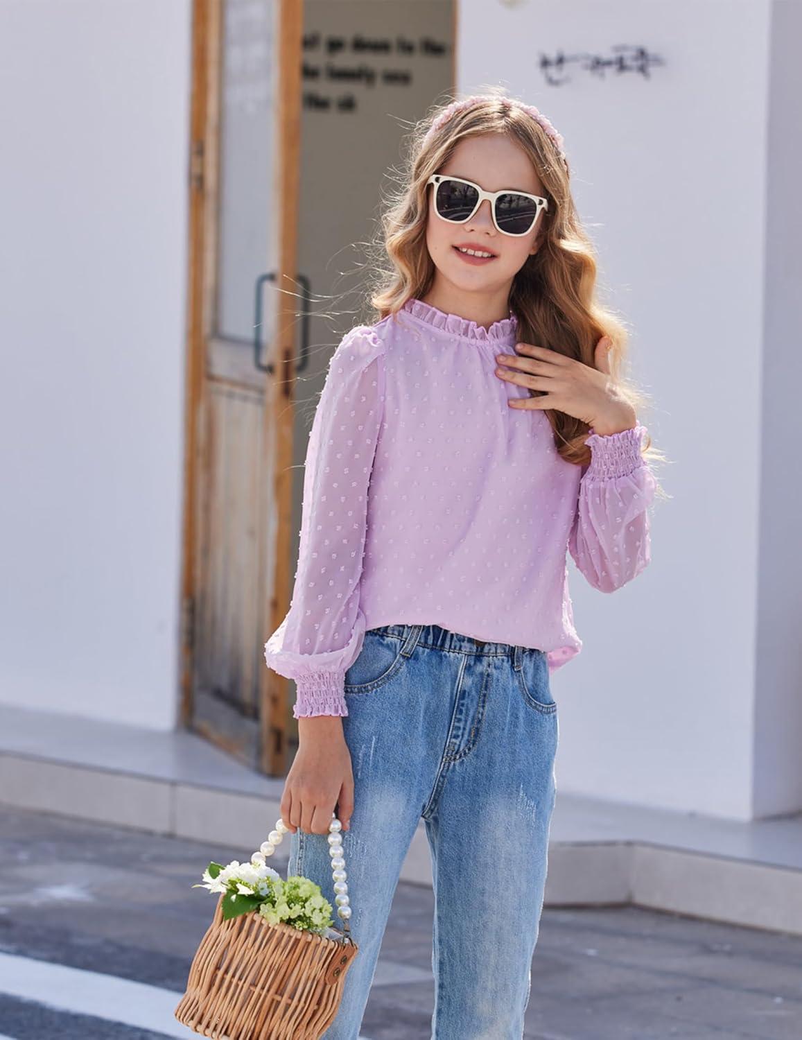 image:imageArshiner Girls Long Sleeve Shirts Chiffon Blouses Swiss Dot Frill Neck Casual Loose Cute Top TeePurple