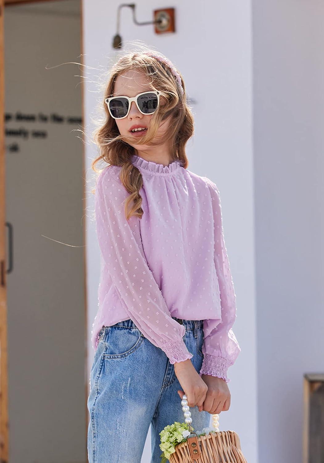 image:imageArshiner Girls Long Sleeve Shirts Chiffon Blouses Swiss Dot Frill Neck Casual Loose Cute Top TeePurple