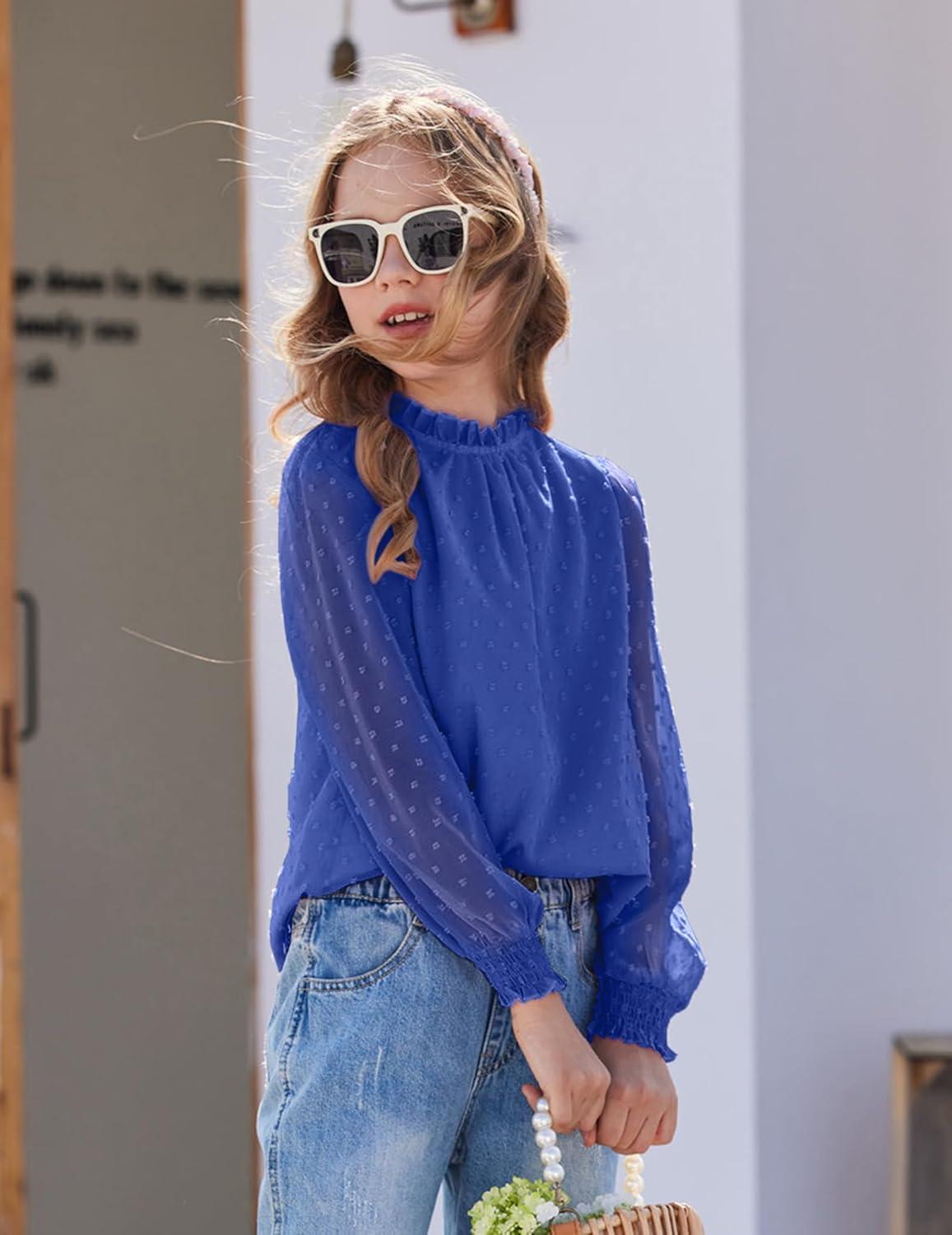 image:imageArshiner Girls Long Sleeve Shirts Chiffon Blouses Swiss Dot Frill Neck Casual Loose Cute Top TeeRoyal Blue 2