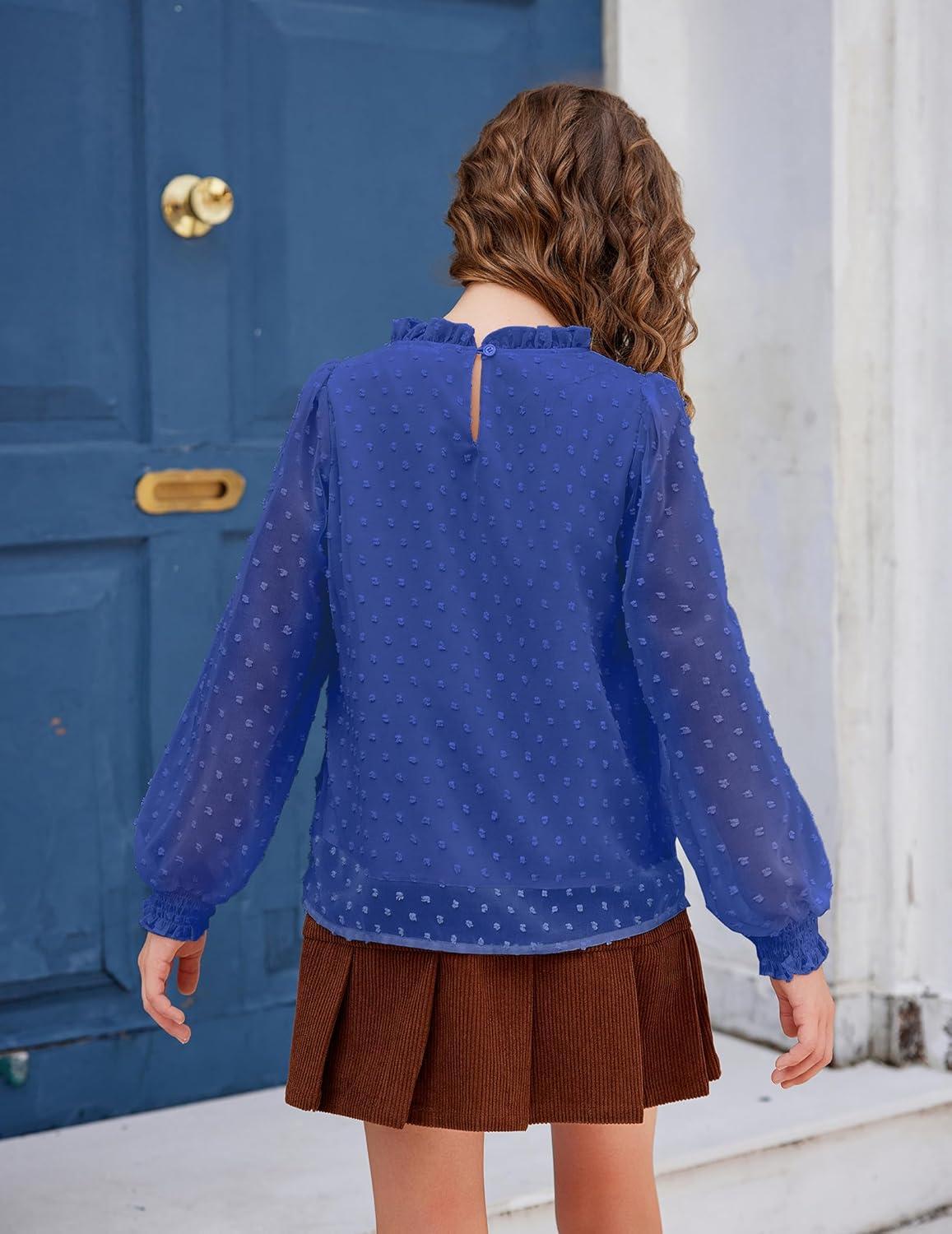 image:imageArshiner Girls Long Sleeve Shirts Chiffon Blouses Swiss Dot Frill Neck Casual Loose Cute Top TeeRoyal Blue 2