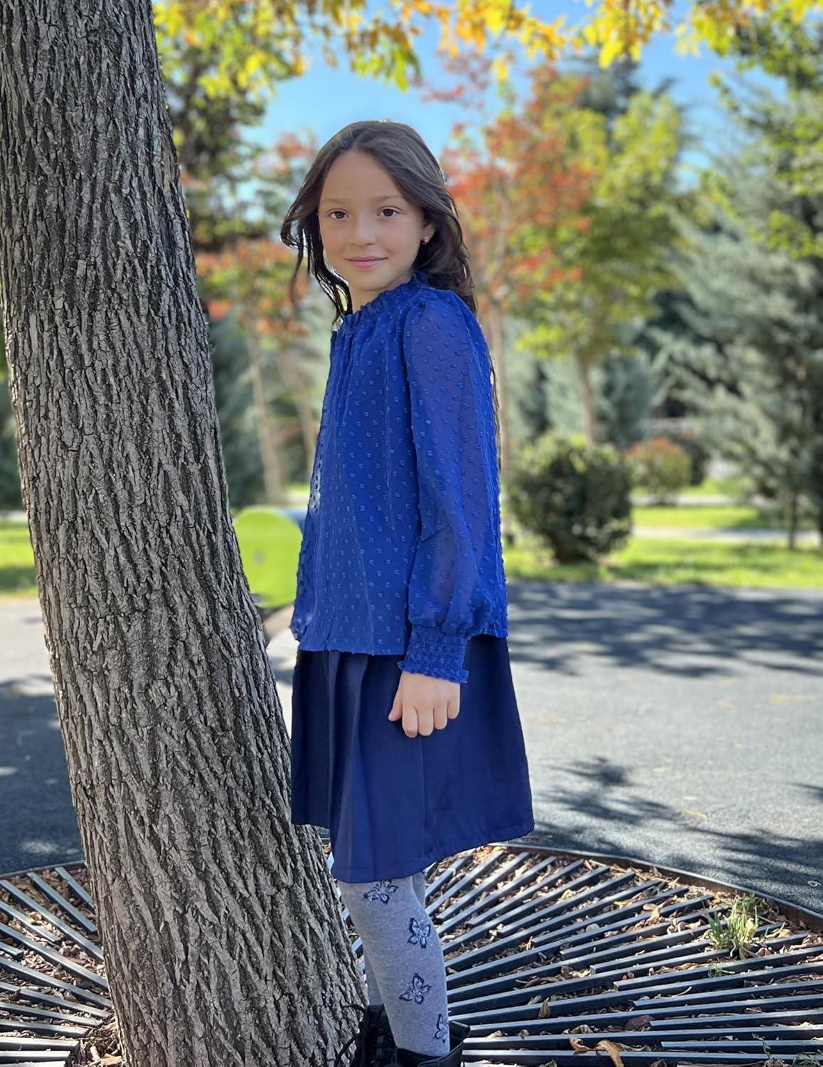 image:imageArshiner Girls Long Sleeve Shirts Chiffon Blouses Swiss Dot Frill Neck Casual Loose Cute Top TeeRoyal Blue 2