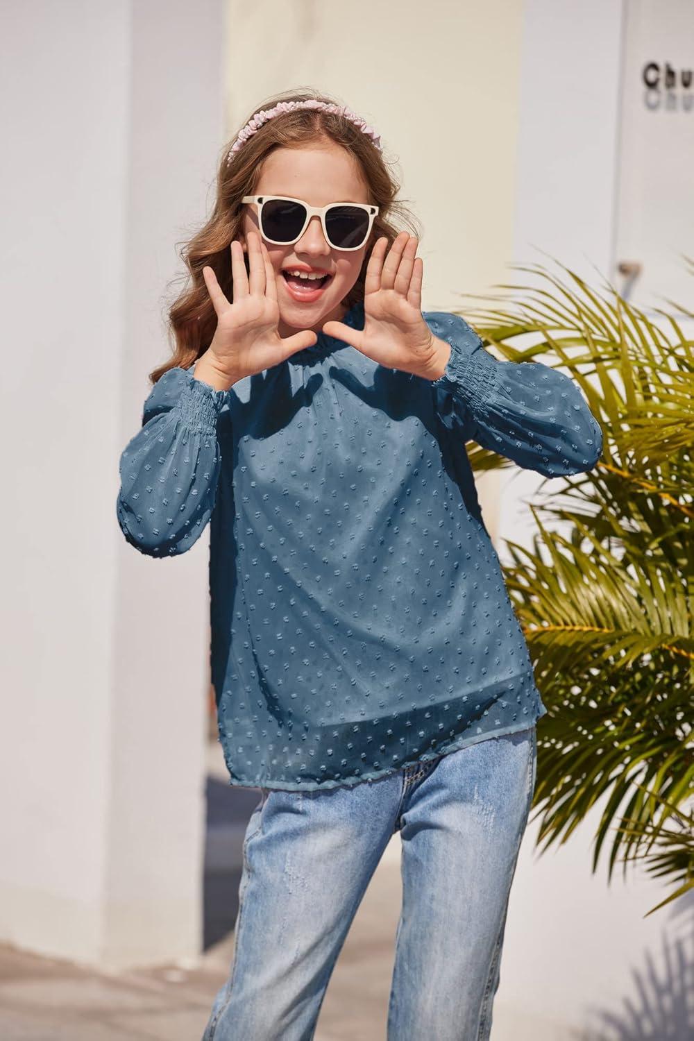 image:imageArshiner Girls Long Sleeve Shirts Chiffon Blouses Swiss Dot Frill Neck Casual Loose Cute Top TeeRoyal Blue