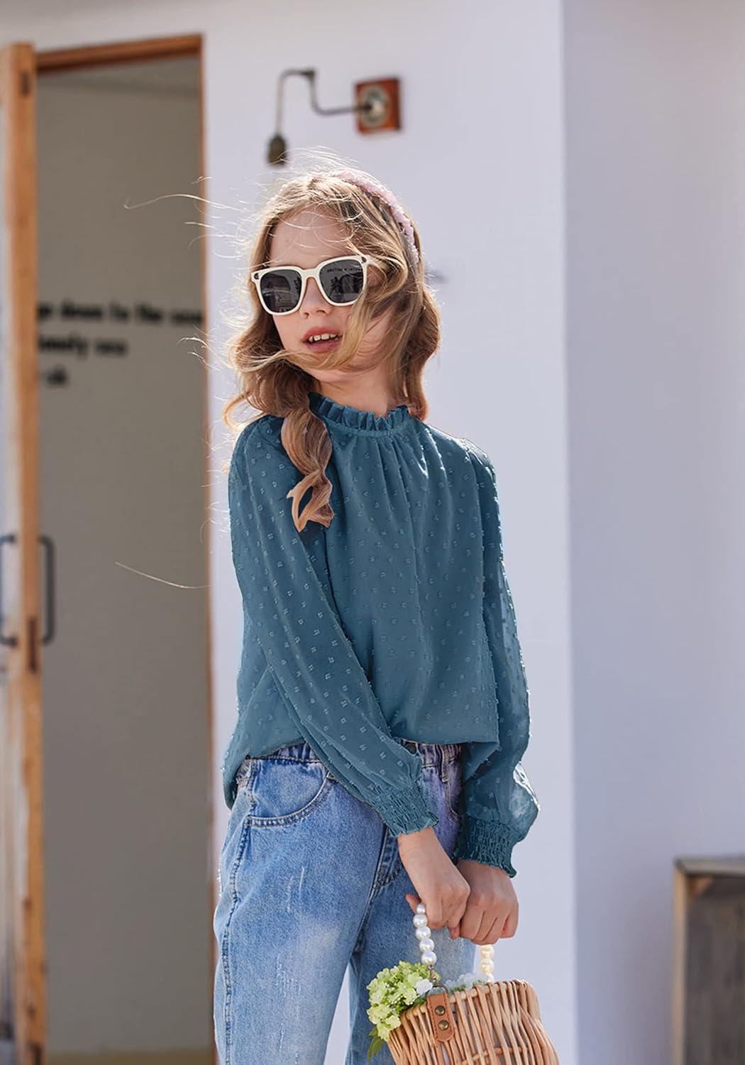 image:imageArshiner Girls Long Sleeve Shirts Chiffon Blouses Swiss Dot Frill Neck Casual Loose Cute Top TeeRoyal Blue