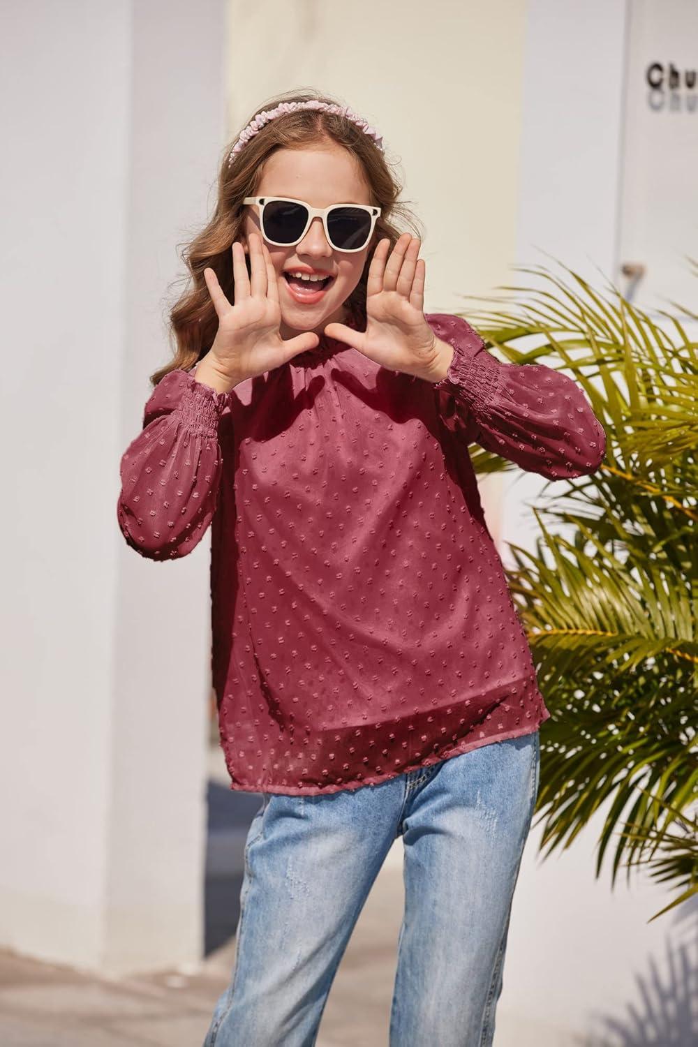 image:imageArshiner Girls Long Sleeve Shirts Chiffon Blouses Swiss Dot Frill Neck Casual Loose Cute Top TeeWine Red