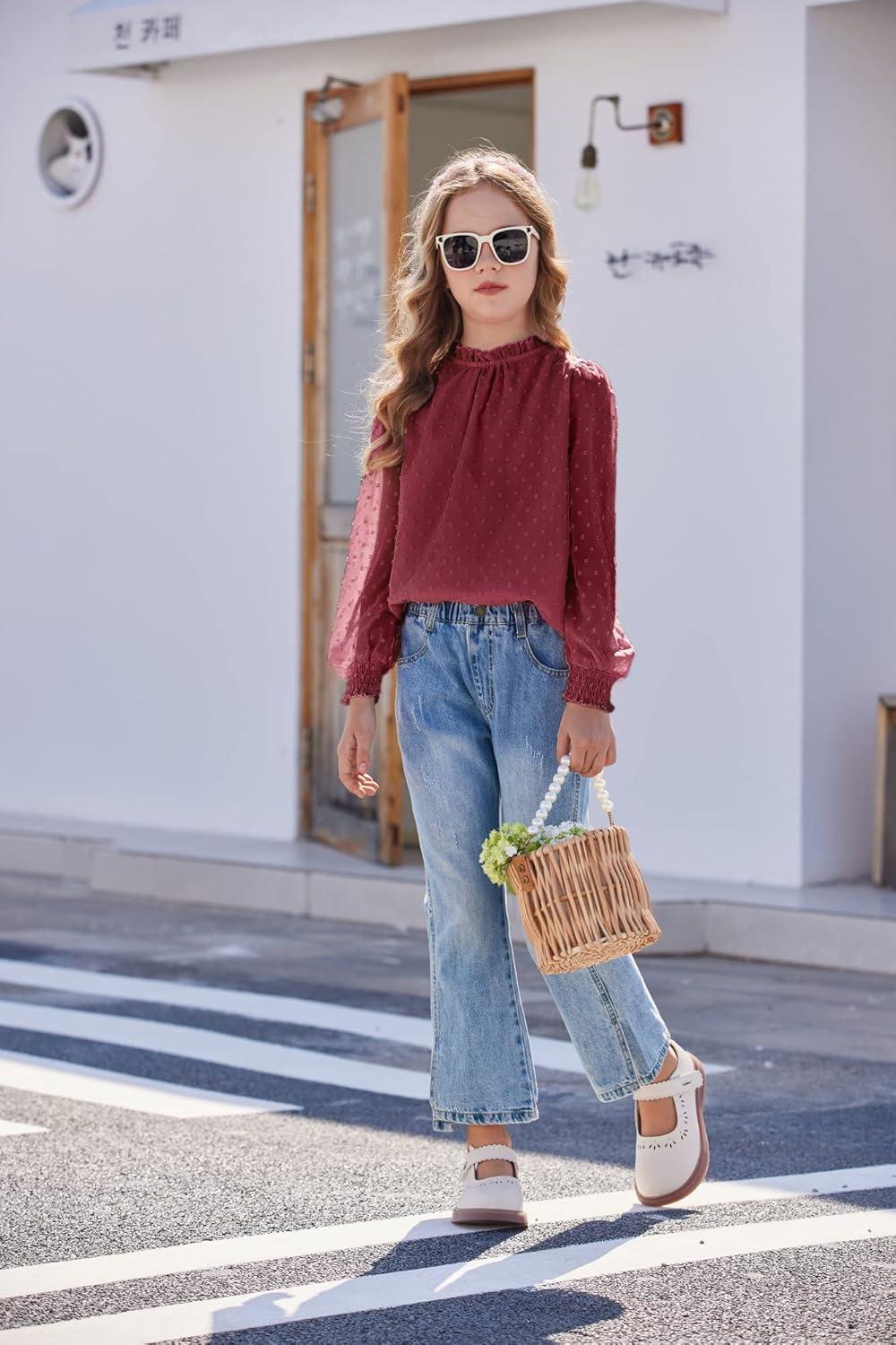 image:imageArshiner Girls Long Sleeve Shirts Chiffon Blouses Swiss Dot Frill Neck Casual Loose Cute Top TeeWine Red