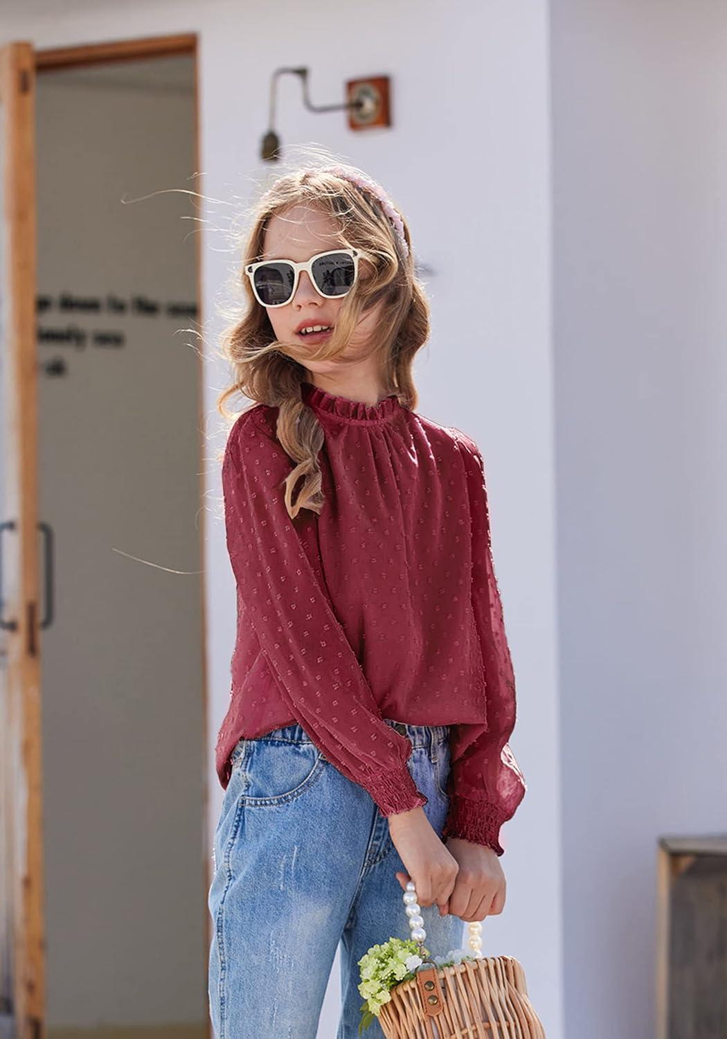 image:imageArshiner Girls Long Sleeve Shirts Chiffon Blouses Swiss Dot Frill Neck Casual Loose Cute Top TeeWine Red