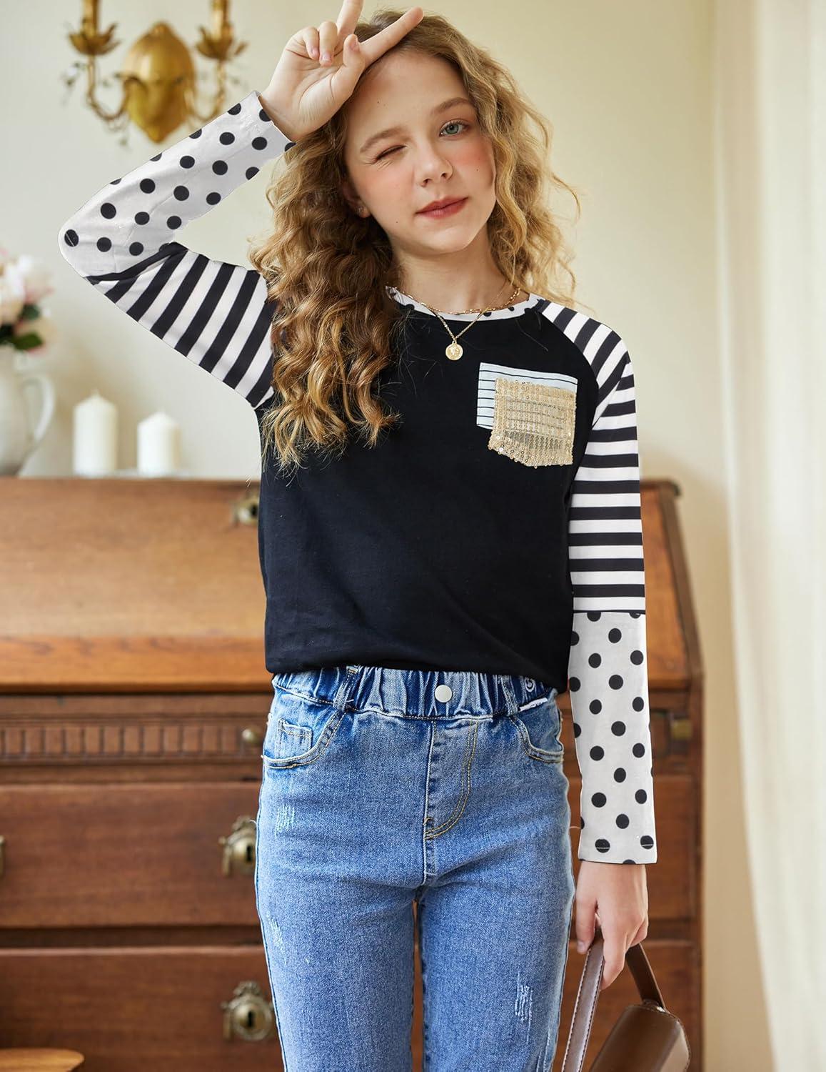 image:imageArshiner Girls Long Sleeve Shirts Color Block Casual Cute Top Tee Blouse with Fashion PocketBlackStripesDot