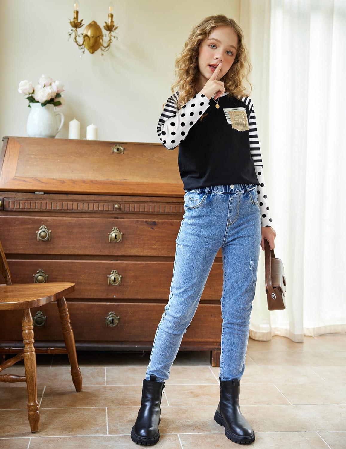 image:imageArshiner Girls Long Sleeve Shirts Color Block Casual Cute Top Tee Blouse with Fashion PocketBlackStripesDot