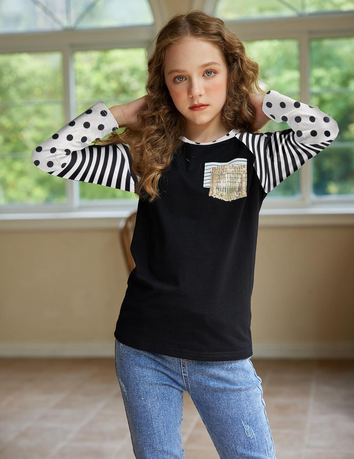image:imageArshiner Girls Long Sleeve Shirts Color Block Casual Cute Top Tee Blouse with Fashion PocketBlackStripesDot